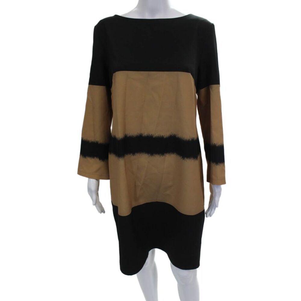 Camelot Womens Shift Dress Black Long Sleeve Boat Neck Zip Colorblock Size 48